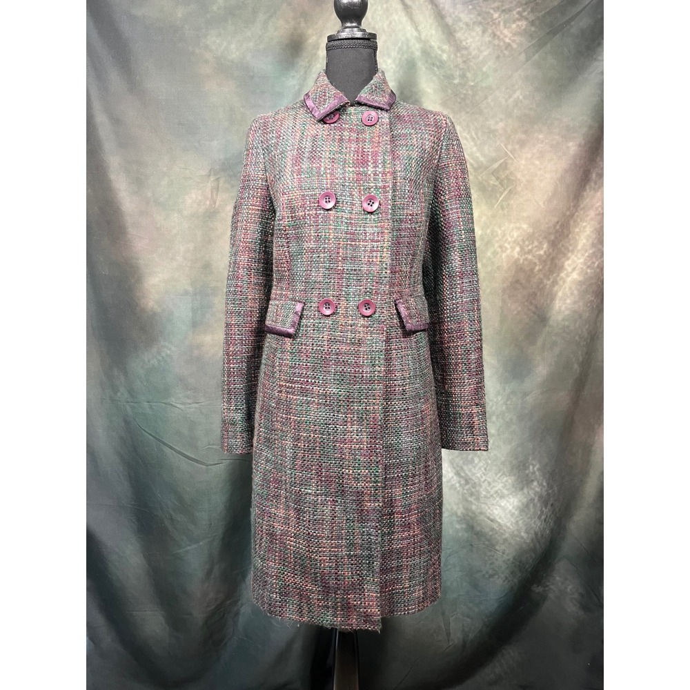 1990s Apostrophe Multi-Color Tweed Double Breasted Satin Lined Long Overcoat 14